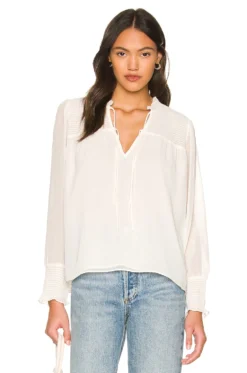 Smocked Tie Neck Blouse Soft Ecru