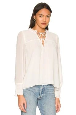 Smocked Tie Neck Blouse Soft Ecru -Nike Store 1STR WS347 V3