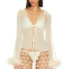 Perla Sheer Feather Trim Blouse Ivory