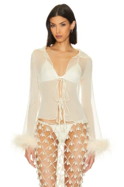 Perla Sheer Feather Trim Blouse Ivory