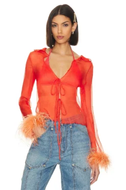 Perla Sheer Feather Trim Blouse Ivory -Nike Store BUBR WS7 V1