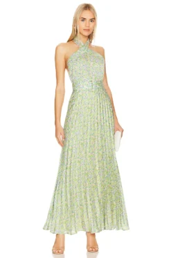 Plisse Halterneck Dress Green Garden