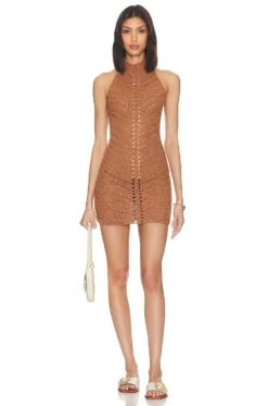 Camila Coelho Lyssa Hand Crochet Halter Mini Dress Brown