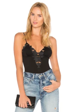 Fleur Du Mal Lily Lace V Neck Bodysuit Black