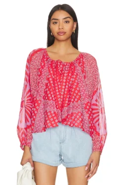 FREE PEOPLE Elena Printed Top Fiery Red Combo