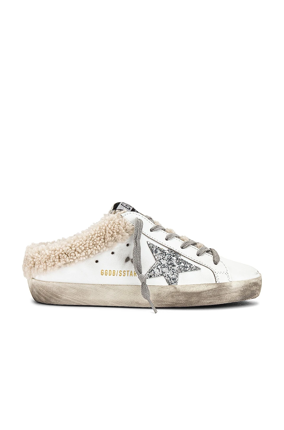 Golden Goose Superstar Sabot Shearling Sneaker White, Silver, & Beige 1 Golden Goose Superstar Sabot Shearling Sneaker White, Silver, & Beige