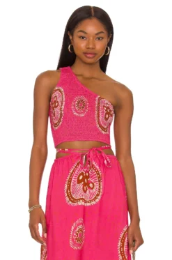 Smocked One Shoulder Tank Gigi Pink Print