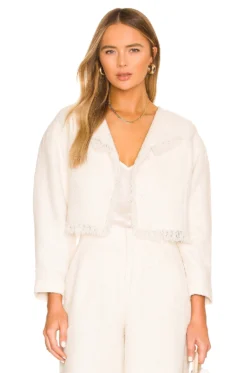 Cropped Tweed Frayed Hem Blazer Ivory