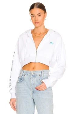 X REVOLVE Cropped Zip-Up Hoodie White